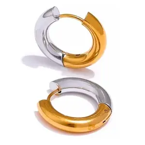 VIEN® Two-color Splicing Hoop Earrings Titanium Steel Gold Color Plated Stainless Steel Hoop Earring (1PAIR)