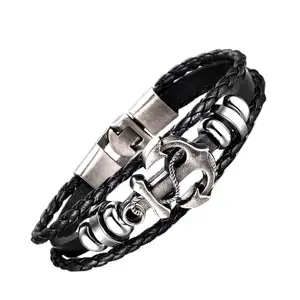 Jewelgenics Vientiq Men's Navy Sailor Anchor Design Lather Wrapround Bracelet