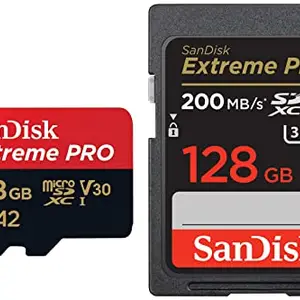 SanDisk Extreme Pro SD UHS I 128GB Card for 4K Video for DSLR and Mirrorless Cameras 200MB/s Read & 140MB/s Write & Extreme Pro microSD UHS I Card 128GB for 4K Video on Smartphones,Action Cams price in India.