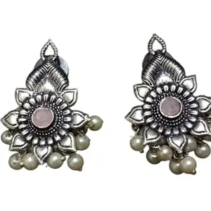 German Silver Pearl Work Earrings for Women and Girls (Pink)