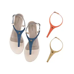 Cameleo -changes with You! Women's Plural T-Strap Slingback Flat Sandals | 3-in-1 Interchangeable Strap Set | Dark-Blue-Red-Olive-Green