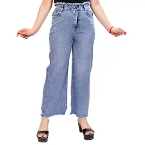 Women's Girls High Waist Straight fit Stretchable Denim Jeans Loose Fit (38, Light Blue)