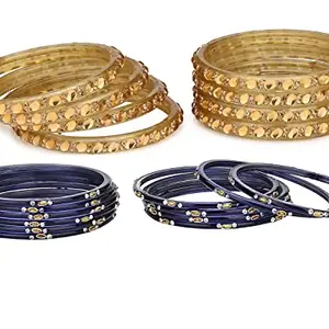 Colorful Glass Bangles/Kada Set Combo Ornamented With Colourful Chips & Beads_D1299 (AkBang2-MC1.c_bang)