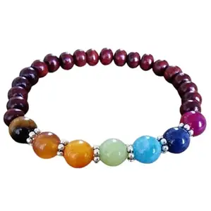 Lady Works Natural 7 Chakra Stone & Dyed Ruby 8mm Round Shape Smooth Cut Beads 6.5 Inch Stretchable Bracelet For Men & Women. Unisex Bracelet For Healing, Meditation, Prosperity, Gift & Luck|LW_BRST_00068_6.5