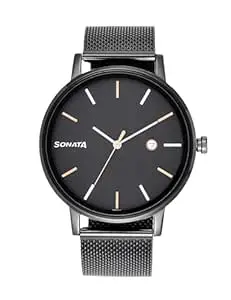 Sonata Quartz Analog with Date Black Dial Black Stainless Steel Strap Watch for Couple - NT713187029NM01