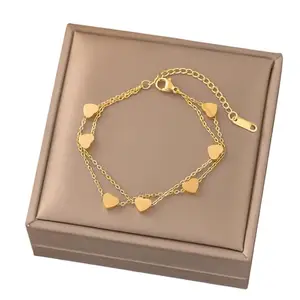 THEFINDIFY Double Layer Heart Charm Bracelet, 18K Gold Plated Stainless Steel, Women's Fashion Jewellery