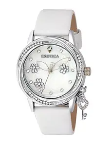 Exotica Fashions Ladies Watch with Water Resistance PNP case with Diamond Studed on Dial and White Leather Band