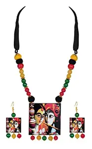 JFL - Jewellery for Less Classic Radha Krishna Painting Pendant with Multi Color Cotton Bead Adjustable Thread Handcraft Necklace Set Women and Girls (Yellow, Black, Red)