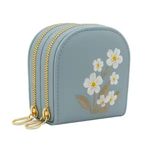 Valerie Women's Wallet for Women and Girls Floral Embroidered PU Leather Coin Pouch | Dual Zipper Mini Wallets with Gold Accents for Women & Girls (Blue)
