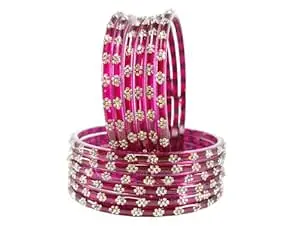 RIJB Stylish Glass Bangles set for women & Girls With Zircon Stone work in Flower Pattern | Fancy Kanch ki Chudi Set | Bangles for Wedding, Party & Gift | Traditional Girl's Bangles Bracelet-Set of 12