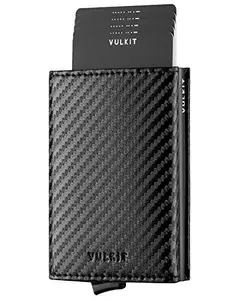 VULKIT Credit Card Holder Genuine Leather Bifold Pop up Wallet with Banknote Compartment, ID Window & Coin Pocket (Carbon Black)