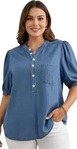 Women's Denim Shirt, Blue, Puff Sleeve, Button Front, Chest Pocket, Half Sleeve