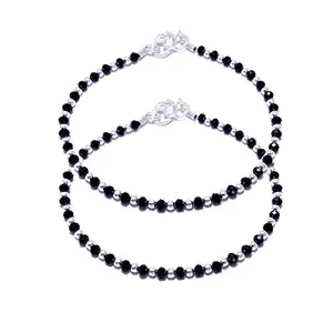 Sahiba Gems Stylish Nazariya Anklet (Payal) with Black & Silver Beads in Solid Silver for Girls and Women ~ 2 Pcs