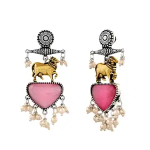 Voylla Qasbah Oxidised Two Tone Stud Earrings For Women|Oxidised Dangler Earrings For Women|Dual Tone|Everyday|Festive|Diwali|Karwachauth|Gift For Her (Gaumata)