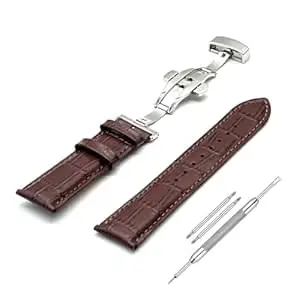 Lineon 22mm Half Padded Leather Mens Watch Strap with Silver ButterFly Lock For Branded Watches Tool and Pins Include