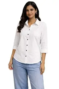 SHC SAREE HEAVEN COUTURE Women's Elegant White Formal Shirt, Classic Solid Long Sleeve Premium Blouse for Work Wear, Professional Stylish Regular Fit Top
