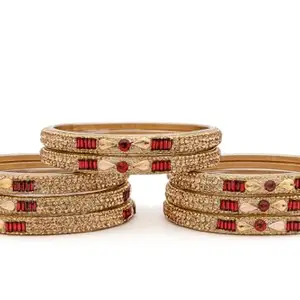 Traditional Indian Bangles Set, Gold-Toned with Red Stone Work, Set of 8 (Golden red, 2.6)