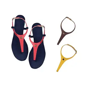 Cameleo -changes with You! Women's Plural T-Strap Slingback Flat Sandals | 3-in-1 Interchangeable Leather Strap Set | Red-Brown-Yellow