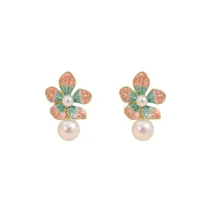 MEENAZ Earrings For Women Girls Stylish | Western Korean Earrings Crystal Enamel | Flower | Pearl Earrings Set for Women Moti Accessories Aesthetic | Fashion American Diamond AD CZ Gold earinging