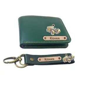 NAVYA ROYAL ART Customized Wallet and Keychain Combo for Men | Personalized Wallet Keychain Set with Name Printed | Leather Name Wallet Keychain for Men | Customised Gifts for Men with Name & Charm | Green
