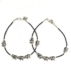 NIPSTec Handcrafted Elephant Beaded Anklet| Black Beads andGerman Silver Traditional Design Anklet for women and girls| Anklets for Everyday, festive and party