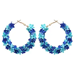 University Trendz Beaded Blue Floral Hoop Earrings for Women & Girl's