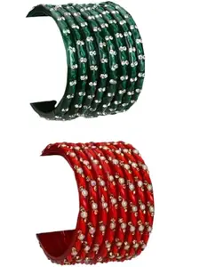 1st Time Stylish Glass Bangles/Kada Set- Perfect For Wedding, Celebrations, Party & Functions, Combo Of 2 Set, Each Set In 8 Bangles, Green & Red - D13