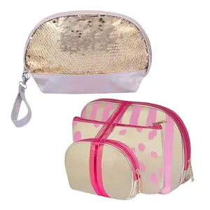 STRIPES® Golden Sequins and Pink Toiletries Make Up Pouch Women/Girls/Ladies - Combo
