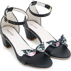 STRET FASHION BLOCK HEELS SANDALS FOR WOMEN AND GIRLS CASUAL FLOWERS PINTET TIE (Black, numeric_6)