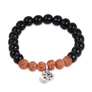 RIKIJAZ Natural Black Onyx Rudraksha Bracelet Natural Onyx Gemstone With Om Locket Charm Reiki Healing Unisex