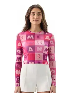 The Souled Store Mesh Top: Mean Girls Women and Girls Long Sleeve Round Neck Slim Fit Cropped Tops Pink