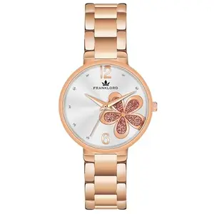 Franklord Daisy Blossom Series | Elegant Sliver Dail with Flower Printed Round Shape | Analog Wrist Watch Rose Gold Chain for Women