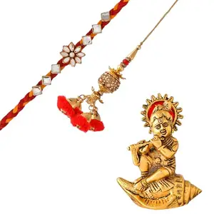 CraftVatika Rakhi Gift for Brother and Bhabhi Kids | Rakhi Combo Rakhi Set of 2 with Krishna Showpiece Gift| Rakhi for Brother with Gift Hamper| Premium Kundal Lumba Rakhi
