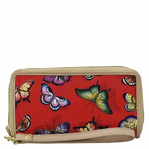 Anuschka RFID Blocking Wristlet Travel Wallet - Wanderlust Collection - Nylon Fabric with Genuine Leather Trim and Artwork Print - Butterfly Heaven Ruby