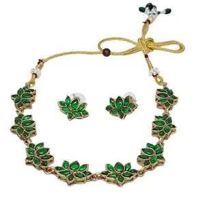 Stylish Lotus design jewellery set for women and girlsTraditional emerald stone necklace set for girls with a pair of earings.