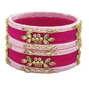 HABSA HABSA Hand Made Fancy Festival Silk Thread Fancy Festival Wear Kundan Stone Bangles Set of 6 Bangles Pink-Baby Pink(size-2/8)