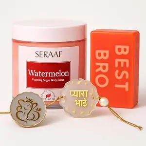SERAAF Rakhi Gift Hamper | Pyara Bhai Rakhi with Best Bro Soap, Watermelon Sugar Body Scrub, Ganesh Ji Coin – Rakshabandhan Gift for Brother