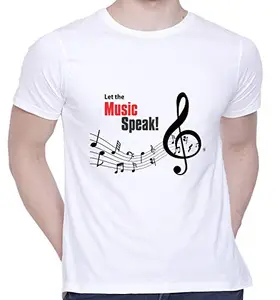 CreativiT Graphic Printed T-Shirt for Unisex Let The Music Speak! - T-Shirt for Music Lover Tshirt | Casual Half Sleeve Round Neck T-Shirt | 100% Cotton | D00643-1_White_X-Large