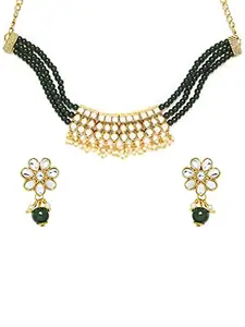 OOMPH Jewellery Green Beads & Kundan Multi Layer Ethnic Choker Necklace Set with Earrings For Women & Girls Stylish Latest (NEDP1_Z)- For Women & Girls Stylish Latest