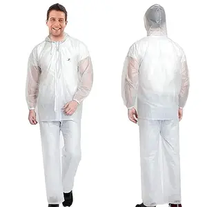 HACER Crystal Men Raincoat Water Resistant Rain Coat with Adjustable Hood Drawstring Hem Set of Top & Bottom with Carrying Pouch (XXL Size, Transparent)