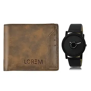 LOREM Combo of Black Wrist Watch & Brown Color Artificial Leather Wallet (Fz-Wl24-Lr25)