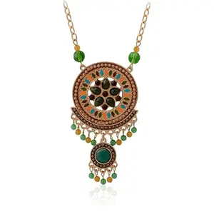 Giftipedia Bohemian Style Necklace, Antique Gold Tone, Green and Blue Beads, Dangling Charms