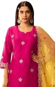 DRESOUL Women's Cotton Silk Embroidery Straight Kurta and Pant with Dupatta Set