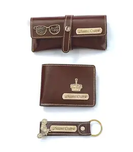 SB Gift Glore Customized Men's Leather Wallet Set with Keychain and Sunglasses Case, Brown, Personalized Gifts, Accessory Set