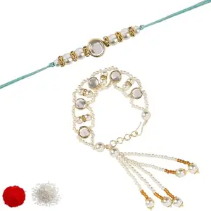 I Jewels Mens White Kundan & Pearl Bhaiya Bhabhi Lumba Rakhi Bracelet Combo Set With Roli Chawal & Rakshabandhan Greeting Card (R150-Co) (White)