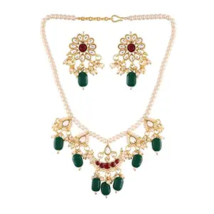I Jewels 18k Gold Plated Green Beaded Pearl Moti Mala Necklace Jewellery Set for Women (ML301M)