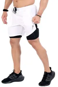 FUAARK Double Layer 2 in 1 Sports Shorts with Inner Tights for Men Gym Tight Short with Pocket