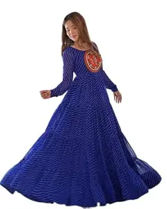 SAMRAGNI Women's Faux Georgette Fabric Leheriya Printed Gown Fully Stitched | Round Neck & 3/4 Sleeve | Lightweight and Breathable Fabric-NA-7574