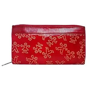 Balona Genuine Leather Round Zip Wallet for Women (Red Tribal)