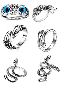 Combo Pack OWL RING,CROCODILE RING,EAGLE CLAW RING,HUG RING,SNAKE RING & oXIDIZED SNAKE RING PACK OF 6